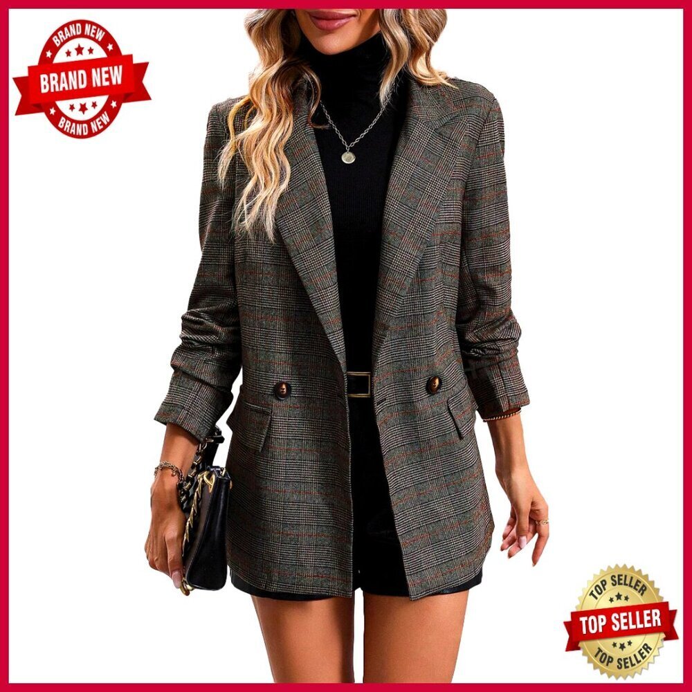 Women's Plaid Houndstooth Blazer Fully Lined Button Lapel Casual Work Office
